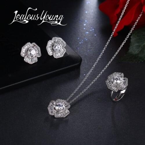 2017 Luxury Flower Earrings Ring And Necklace Bridal Jewelry Sets For Women Inlay AAA Cubic Zirconia Wedding Jewelry Set AS144