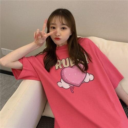 Korean Costume Kawaii Candy Color Cute Heart Graphic T-Shirt For Girls Harajuku Sweet Friends School Clothes Gothic Girls' Shirt