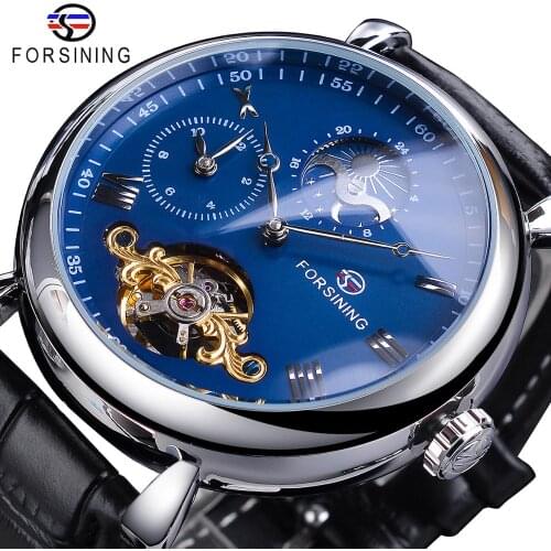 Forsining Dual Time Zone Design Blue Dial Leather Band Automatic Watch New Tourbillon Waterproof Moon Phase Mechanical Watch
