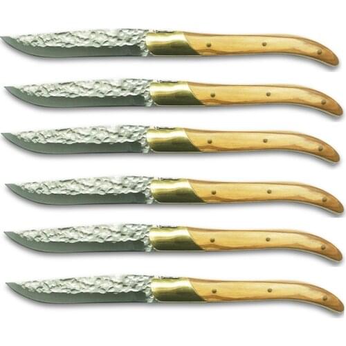 Laguiole Olive Wood Steak Knives Set Stainless Steel Japanese Table Knifes Polished Jaws and Hammered Blade Restaurant Cutlery