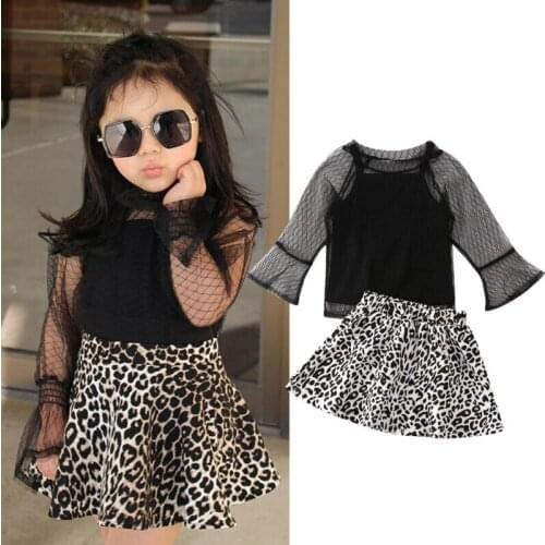1-5Y Autumn Spring Toddler Baby Kid Girls Clothing Set Black Tulle T Shirt + Vest + Leopard Skirts Outfits Children Costumes