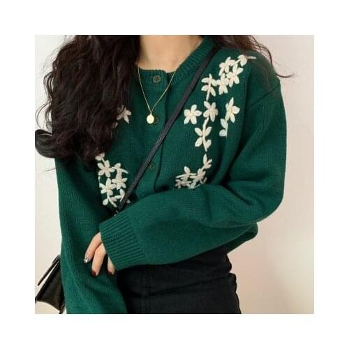 Autumn Women Sweaters Flower Embroidery Vintage Long Sleeve O Neck Knitting Cardigan Female Warm Outwear Warm Tops