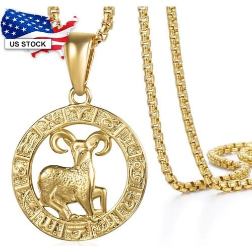 Yellow Gold Filled Constellation Pendant Necklace For Womens 12 Zodiac Sign Round Shaped Charm Jewelry Gifts Wholesale LGP357