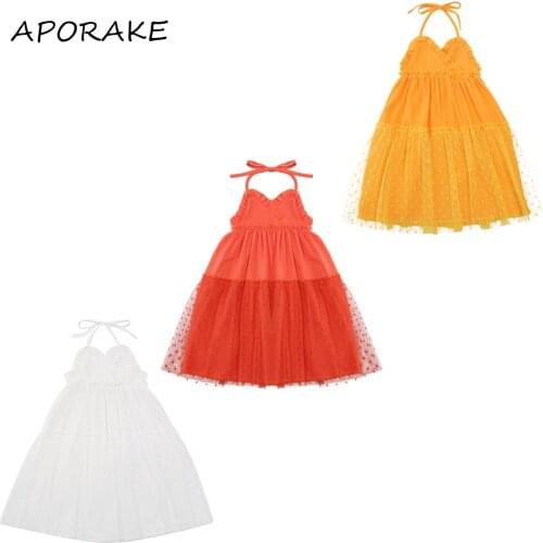 2021 1-6Y Princess Kids Baby Girls Dress Ruffle V Neck Halter Sleeveless Dot Tulle Patch Summer Sundress For Party Daily life