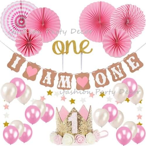 Pink and Gold First Birthday Decorations&Party Supplies Pink Hanging Wall Decor Paper Fan Flower Party Baby Hat Cake Topper"One"
