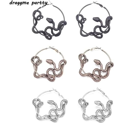 Cool Punk Antique Animal Black Snake Earrings Crazy Twining Snake Hoop Earrings Personality Statement Earrings Party Jewelry
