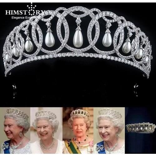 Himstory Waterdrop Pearl Cubic Zircon CZ Tiaras Crown European Royal Queen Princess Tiaras Diadema Wedding Hair Accessories