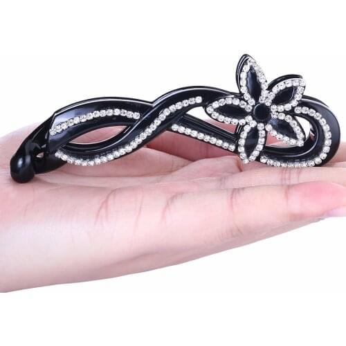 Full Crystal Flower Banana Hair Clips Women Black Rhinestone Long Hairpins Barrettes Headdress Hairgrips Ornaments Accessories