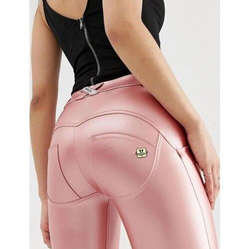 2020 Women Pink Patent Leather Pants Winter Mid Waist Leggings Skinny Scrunch Butt Autumn Push Up Trousers Body Shaper For Grils