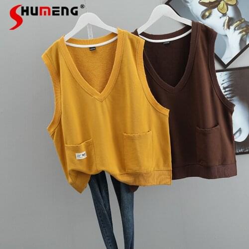 2021 Spring Autumn New Korean Style Simple Ins V-neck Vest Womens Fashion Casual Oversized Loose Pockets Solid Pullover Tank