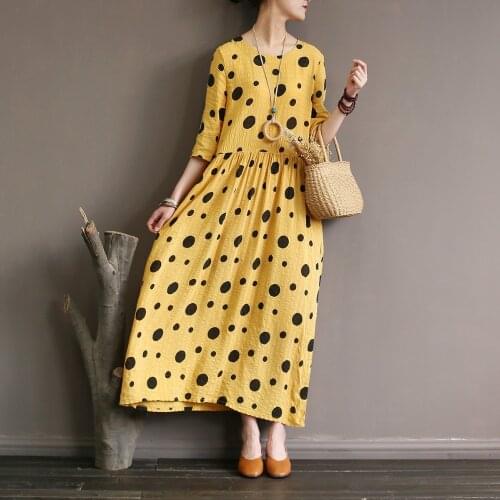 New Women Casual Dot Print Plus Size Cotton Summer Dress Maxi Half Sleeve High Waist Loose Girl Dress Famale Robe Ete Femme