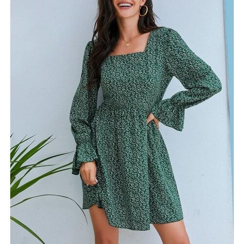 Green Red Square Neck Floral Print Dress Mini Dress Women Boho Flare Long Sleeve Autumn Mini Dresses Vestidos