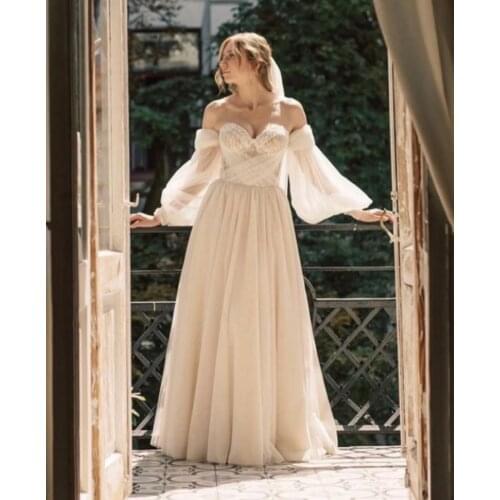 Boho Wedding Dress A-Line Sweetheart Lantern Sleeve Off Shoulder Beads Sequined Criss-Cross Backless Floor Length Bride Gown New