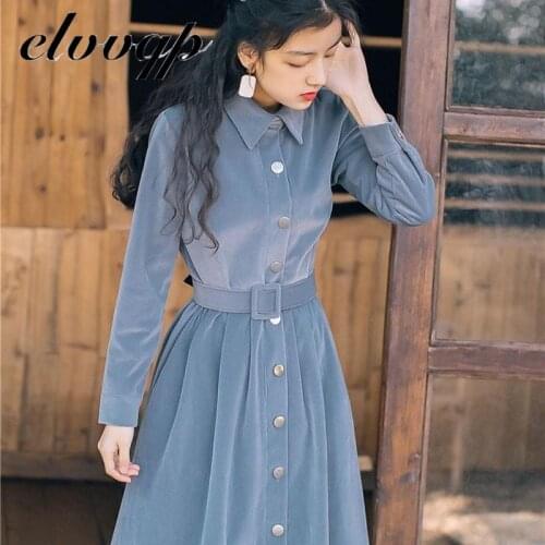 Shirt Dress Long Sleeve Korean Belt Midi Elegant Runway Tunic Plus Size Large Vintage Fashion Corduroy Shirt Women Dress Lu1819
