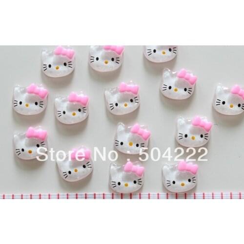 200pcs 15MM Glitter Transparent White With Pink Bow Kitty Kawaii Cabochons for DIY Cell Phone Decor, Hair Accessories