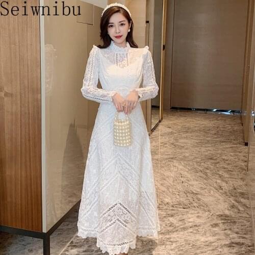 2020 Designer High Quality Dress Long Sleeve Elegant Hollow Embroidery White Lace Long Dresses Woman Party Night