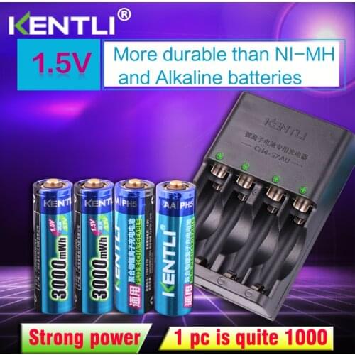 KENTLI 4pcs 1.5v aa 3000mWh Rechargeable Li-ion Li-polymer Lithium battery + 4 slots AA AAA lithium li-ion Smart Charger