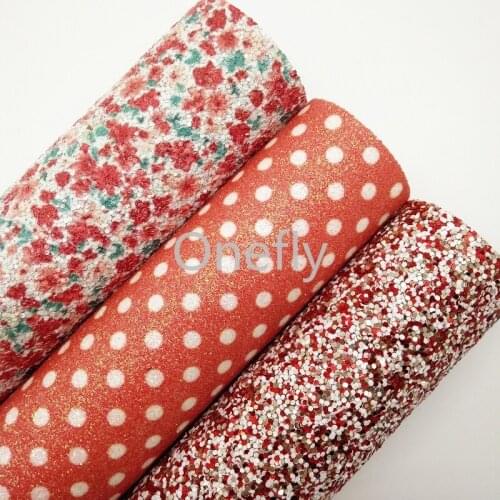 Onefly 21X29CM Mixed Glitter Fabric, Dots Printed Glitter Fabric, Faux Leather Fabric Sheets For Bow DIY handbags shoes DQ025