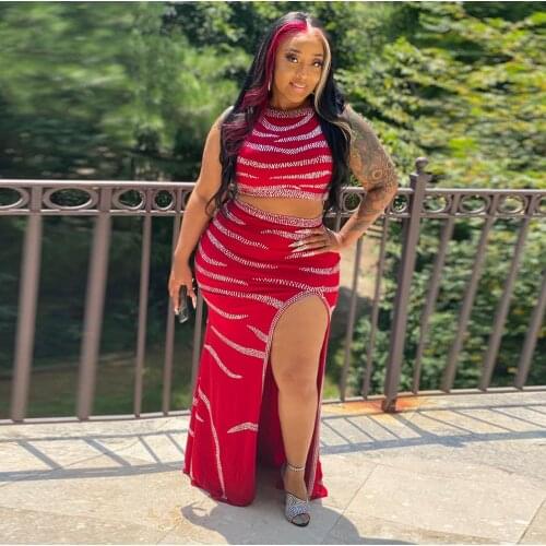 Shiny Rhinestones Spliced 2 Piece Dress Set Women Sexy Sleeveless Tank Crop Top and Side High Split Bodycon Maxi Skirt Tracksuit