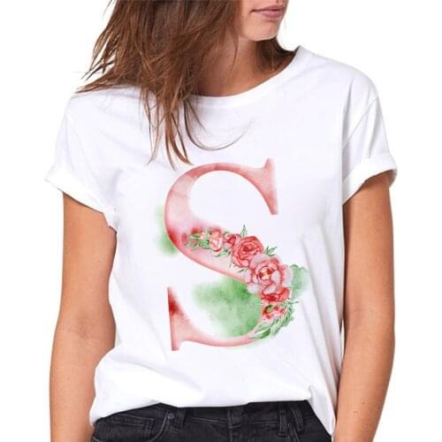 Women T-shirt Summer 26 Alphabet S Flowers Print White Female Tshirts Harajuku Casual ladies Tees Casual harajuku tshirt femme