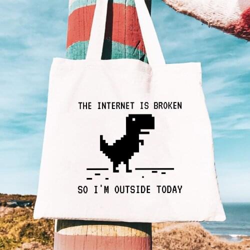 Internet Is Broken So I'm Outside Today Dinosaur Printing Shopping Bag Fashion Women Handbag High Capacity School Eco Book Pouch