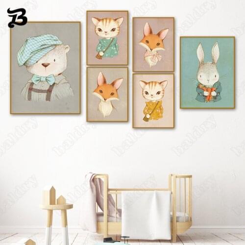 Canvas Painting for Living Room Cute Cartoon Animals Cat Bear Rabbit Fox Wall Art Posters Prints Wall Art for Kids Room Decor