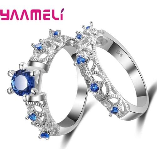 Beautiful Blue Clear Crystal Rings Set Women Elegant 925 Sterling Silver Wedding Engagement Ring Shiny Cubic Zirconia