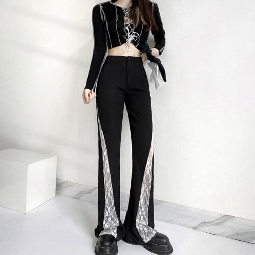 Za Lace High Waist Flare Pant Bodycon Patchwork Fashion Casual Pants 2021 Summer Thin Elegant Sexy Streetwear Women Pants