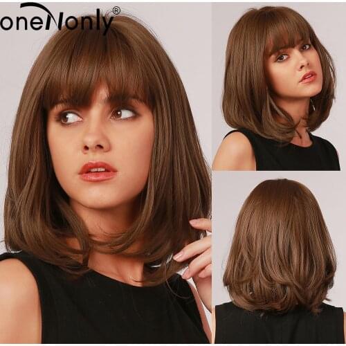 OneNonly Short Bobo Ombre Brown Synthetic Wigs with Bangs Layered Hairstyle for White Black Women Natural Hair Heat Resistant