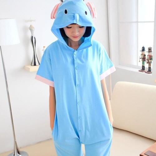Kigurumi Pajama Elephant Adult Animal Cartoon Hooded Onesie Women Men Summer Short Sleeve Pyjamas Suit Sleepwear Cotton Pijamas