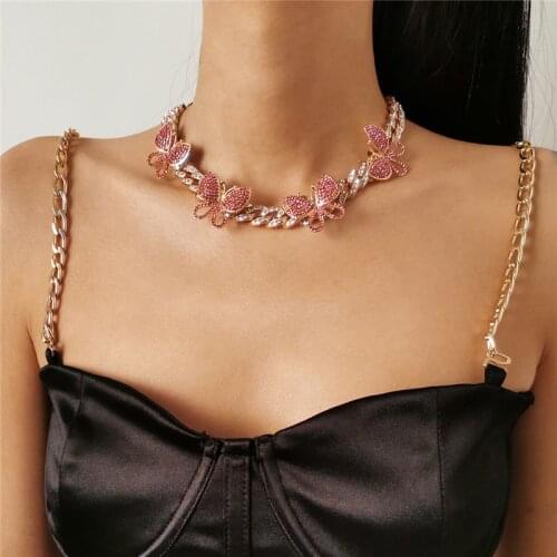 Full Cubic Zircon Cuban Chain Necklace With 4 Butterfly Pendant Luxury Hip Hop Jewelry For Women Punk Party Gift