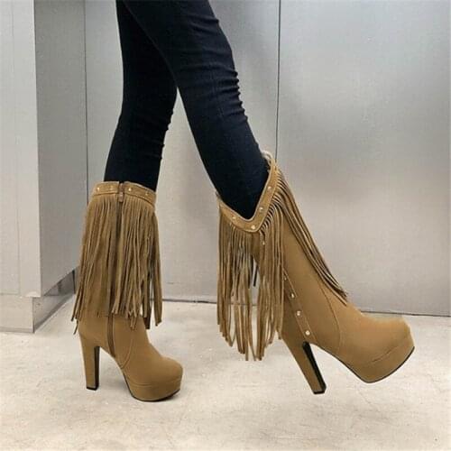 PXELENA 2021 Winter Sexy Rivet Tassel Mid Calf Boots Women Faux Suede Office Lady Party Work Date Daily Shoes Large Size 34-48