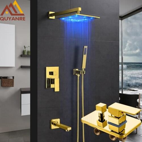 Quyanre Gold LED Concealed Shower Faucets Set Rainfall LED Shower Head 3-way Brass Mixer Tap Tub Spout Bathroom Shower Faucet