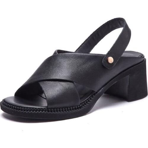 Brand Sandals for Women 2021 Lady Summer Shoes Fashion Peep Toe Genuine Cow Leather Thick High Heel Sandals Woman Slippers Black