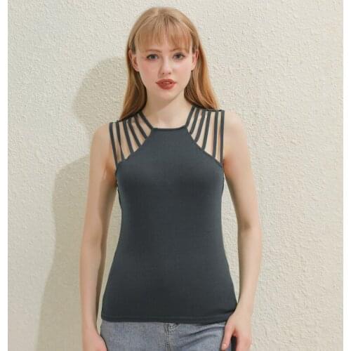 Sexy Women Tops Sleeveless Hollow Out Ladies Solid Color Casual T Shirt Summer Slim O Neck T Shirt