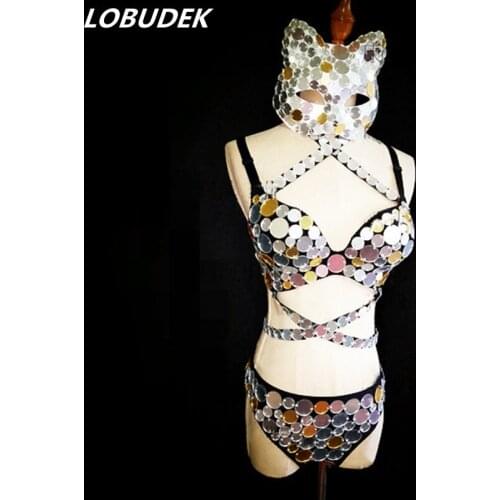 Silver sexy sequins Mask bodysuit crystal performance stage bra singer dance costume nightclub party DJ DS prom