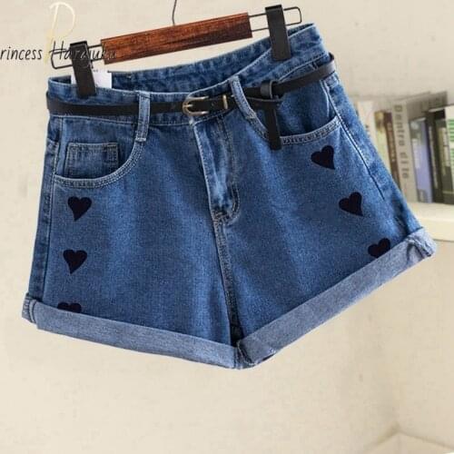 Love Printing New Summer Women High Waist Short Button Wigh Leg Jeans Shorts Casual Female Loose Fit Blue Denim Shorts