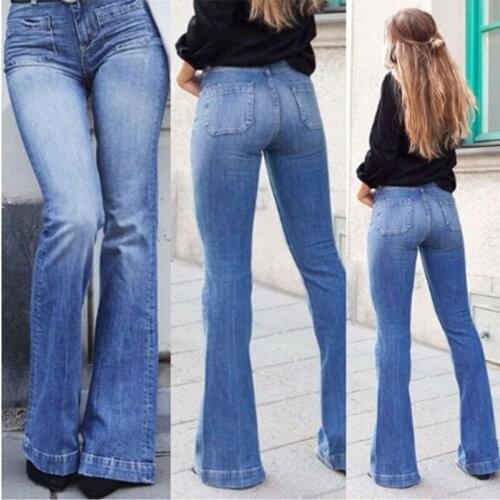 Street Fashion Patch Pocket Sexy Thin Wide Leg Pants Women Jeans Ladies High Waist Sexy Autumn and Winter New Bell Bottom Pants