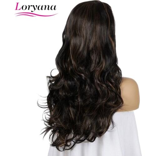 Loryana Wavy Wigs Black Brown Middle Part Cosplay Synthetic Wigs with Oblique Bangs For Women Long Hair Wigs Fake Hair