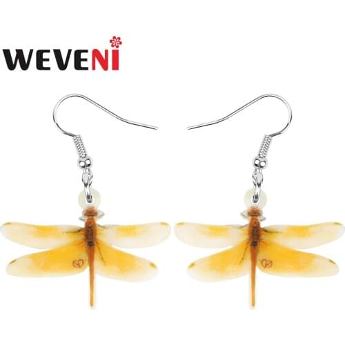 WEVENI Acrylic Yellow Dragonfly Earrings Aesthetic Cute Insect Animal Dangle Drop Jewelry For Women Kid Fashion Party Decoration