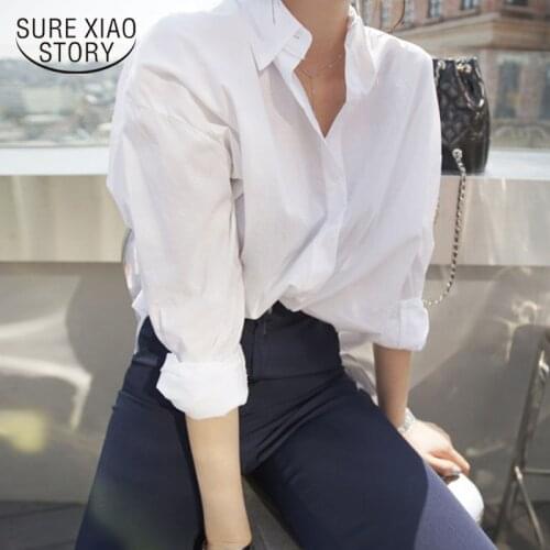 2021 Spring Korea Style Women Solid Turn-down Collar White Shirt Batwing Sleeve Button Up Long Blouse Feminina Loose Blusa New
