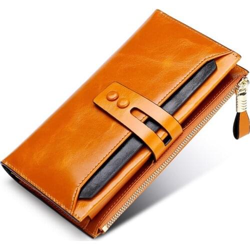 Womens Wallets Multi-card Slot Buckle Long Oil Wax Leather Wallet European and American Retro Leather Clutch