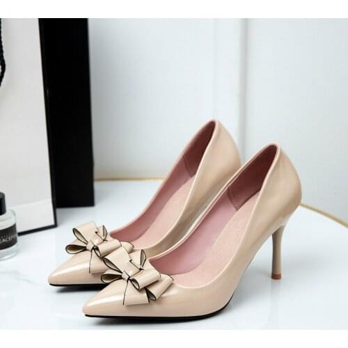 2021 new Patent Leather High Heel Shoe Sexy Pointed Toe Thin Heels Woman Pumps Bow Dress Heels 34-43 Party Shoes Apricot Black