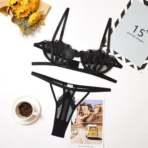 Women Sexy Lingerie Lace Mesh Hollow Out Bra G-string Two-piece Underwear Set Black Temptation Sleepwear Exotic Sets Plus Size