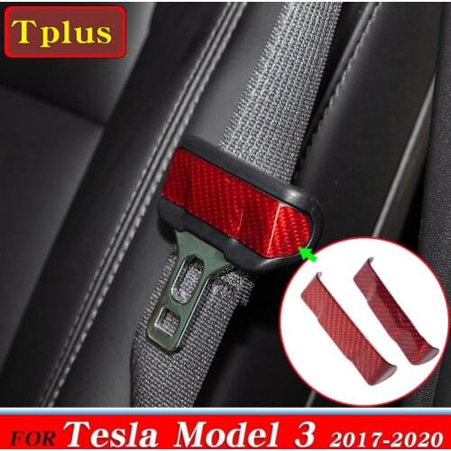 2Pcs Model3 Accessories Real Carbon Fiber Car Seat Safety Belt Buckle Protection Cover For Tesla Model 3 Bright red Model Three