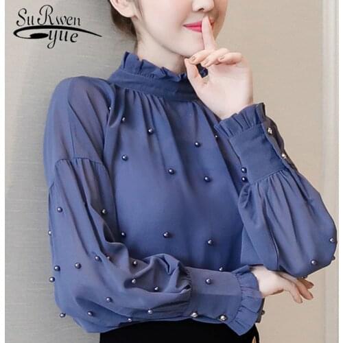 Beading Women Tops Long Sleeved Bottom Shirt Spring New Blue Chiffon Women Shirts Fashion Blouse OL Women Blouses Clothes 1641