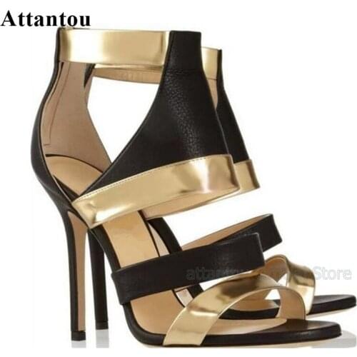 Mixed Color Gold Black Ankle Strap Hollow Out High Heel Sandals Open Toe Woman Shoes Golden Metal Decoration Party Dress Shoes
