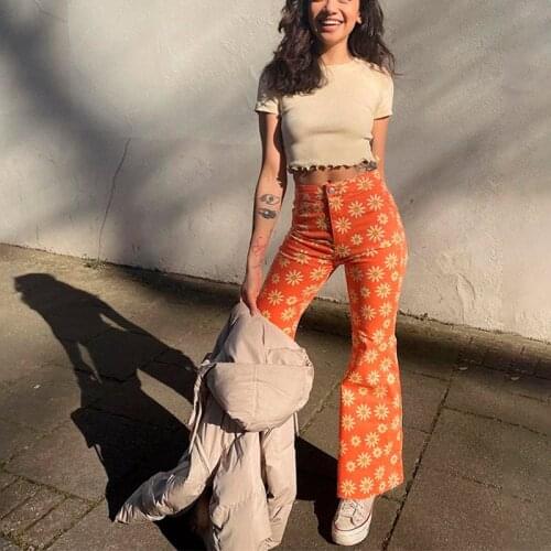 Floral high waist womens flare pants casual zipper orange women sexy trousers summer office lady loose bell bottom pants 2021