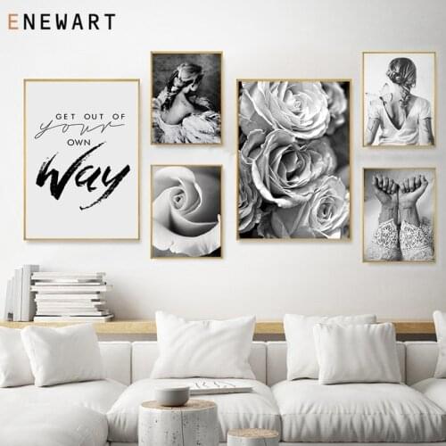 Black White Rose Flower Print Canvas Art Beautiful Girl Figure Painting Wall Picture Modern Positive Quote Poster Home Decor