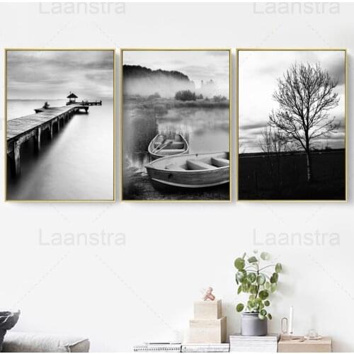 Black and White Home Decor Painting Dock Living Room Wall Canvas Poster Tree Shadow Prints Boat Docked On The Shore Study Room